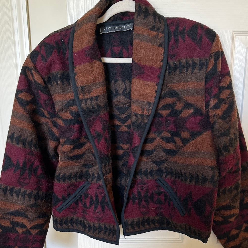 New Identity Women's Shawl Collar Patterned Jacket - Burgundy & Brown